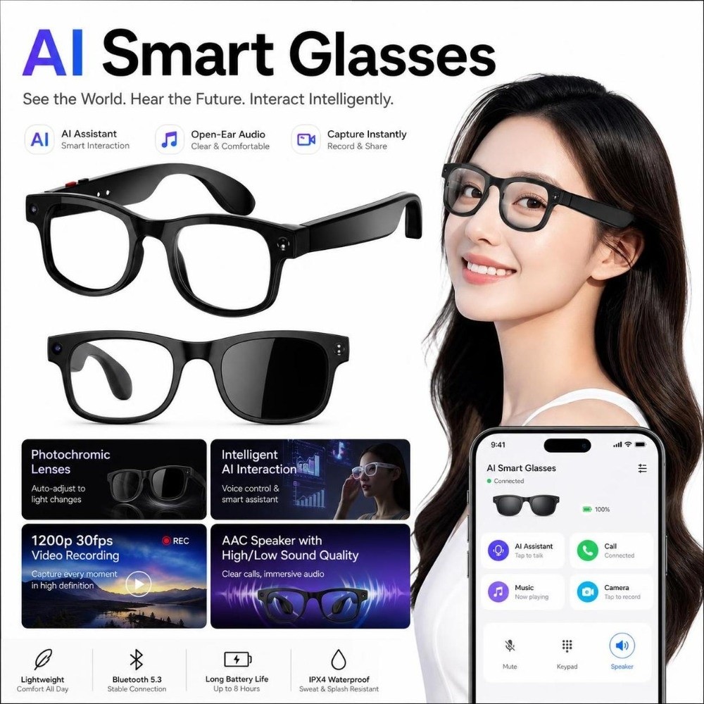 Smart Glasses Lens - Óculos Inteligentes AI 2 em 1